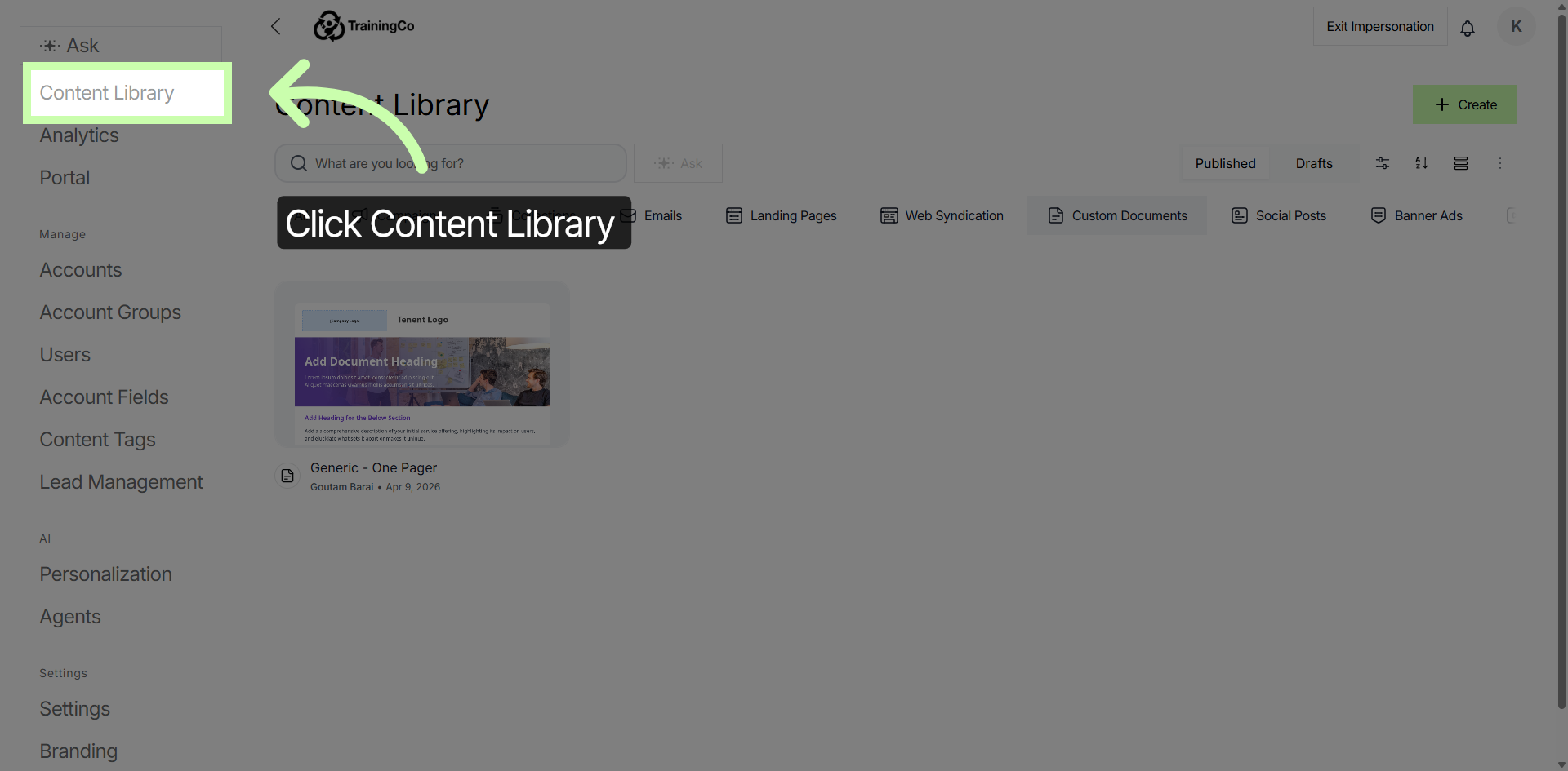 Access Content Library Section