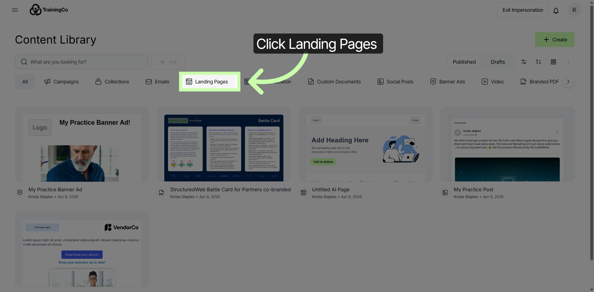 Navigate to Landing Pages