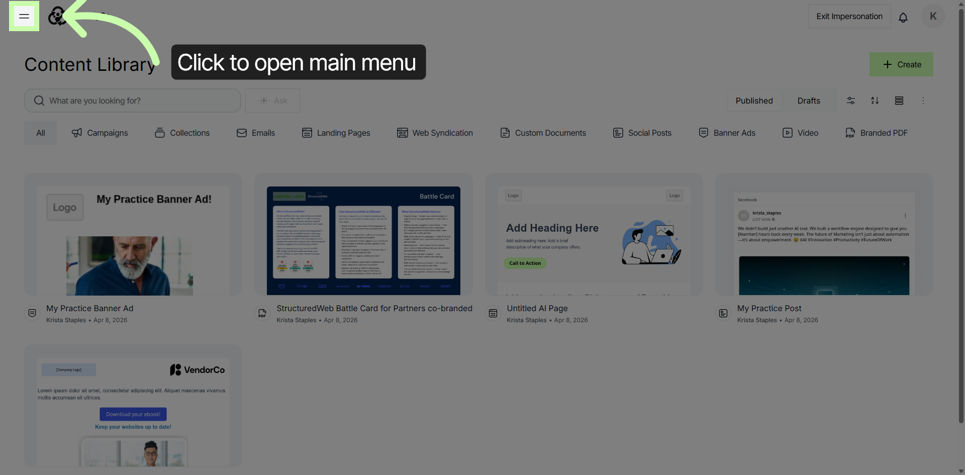 Access Content Library Menu