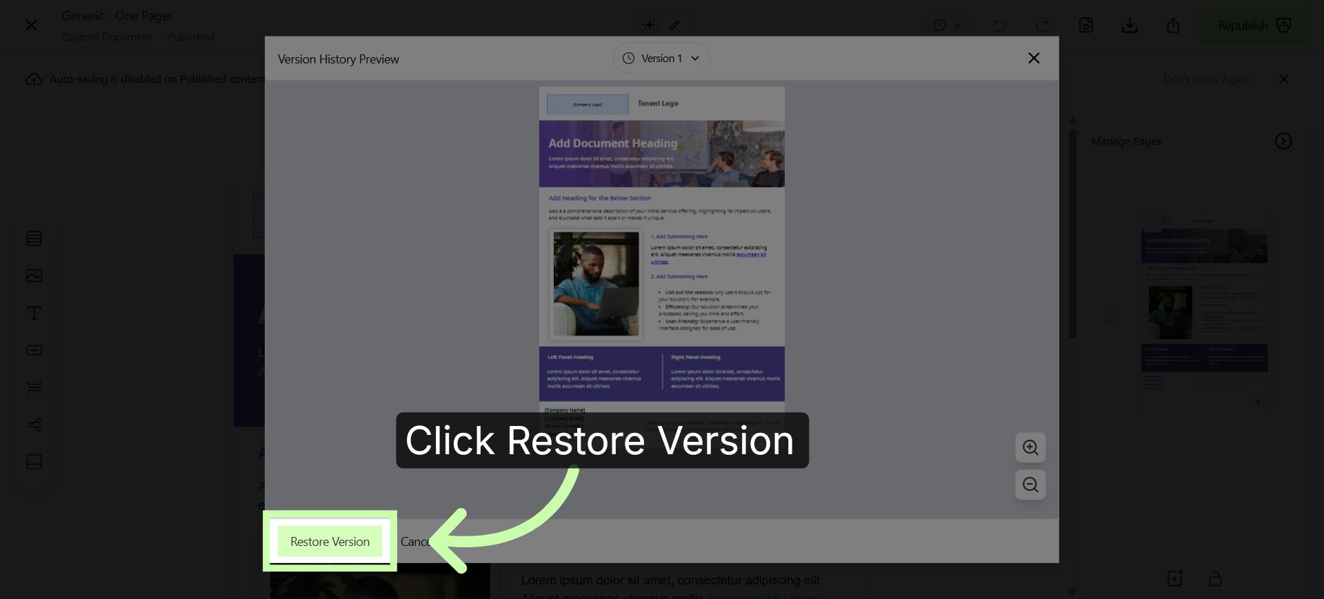 Initiate Version Restoration