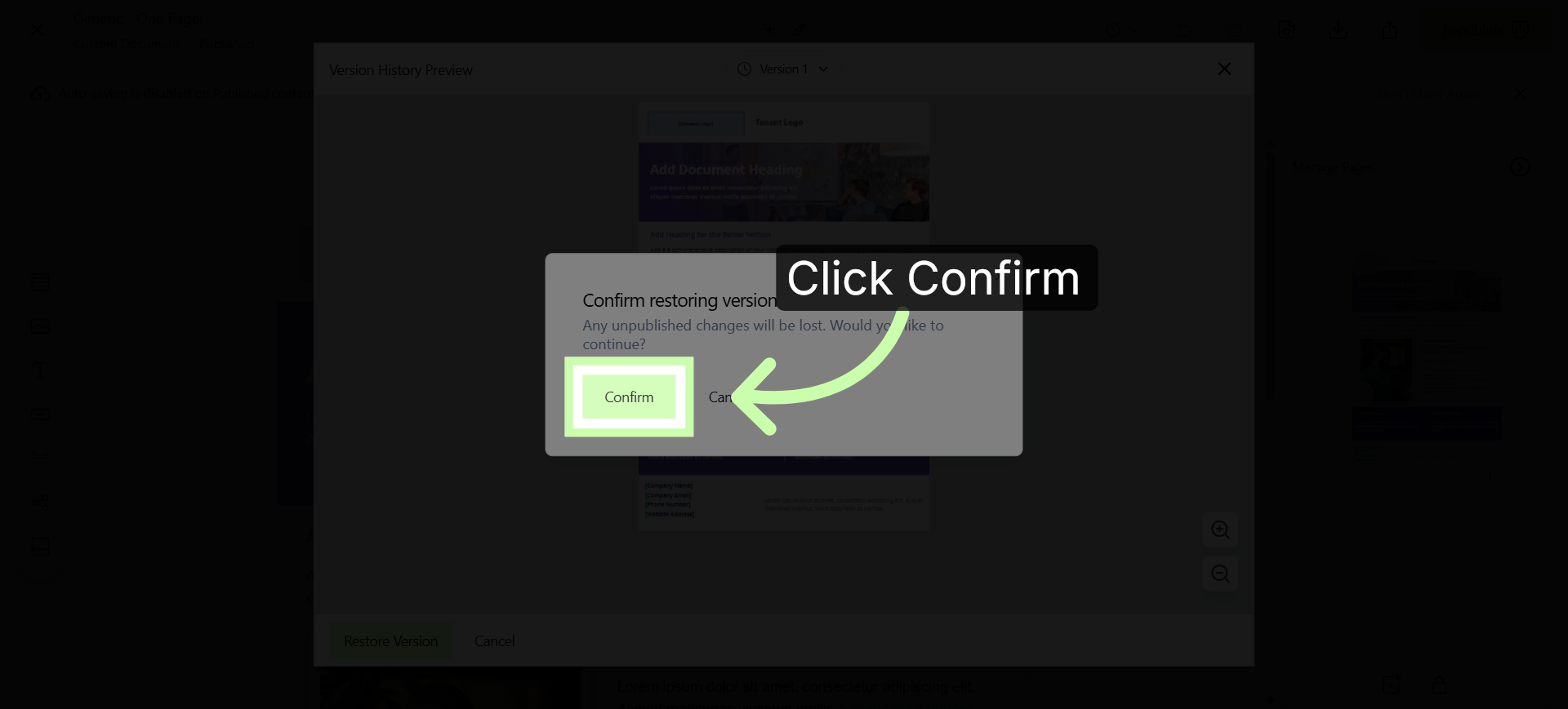 Confirm Version Restoration