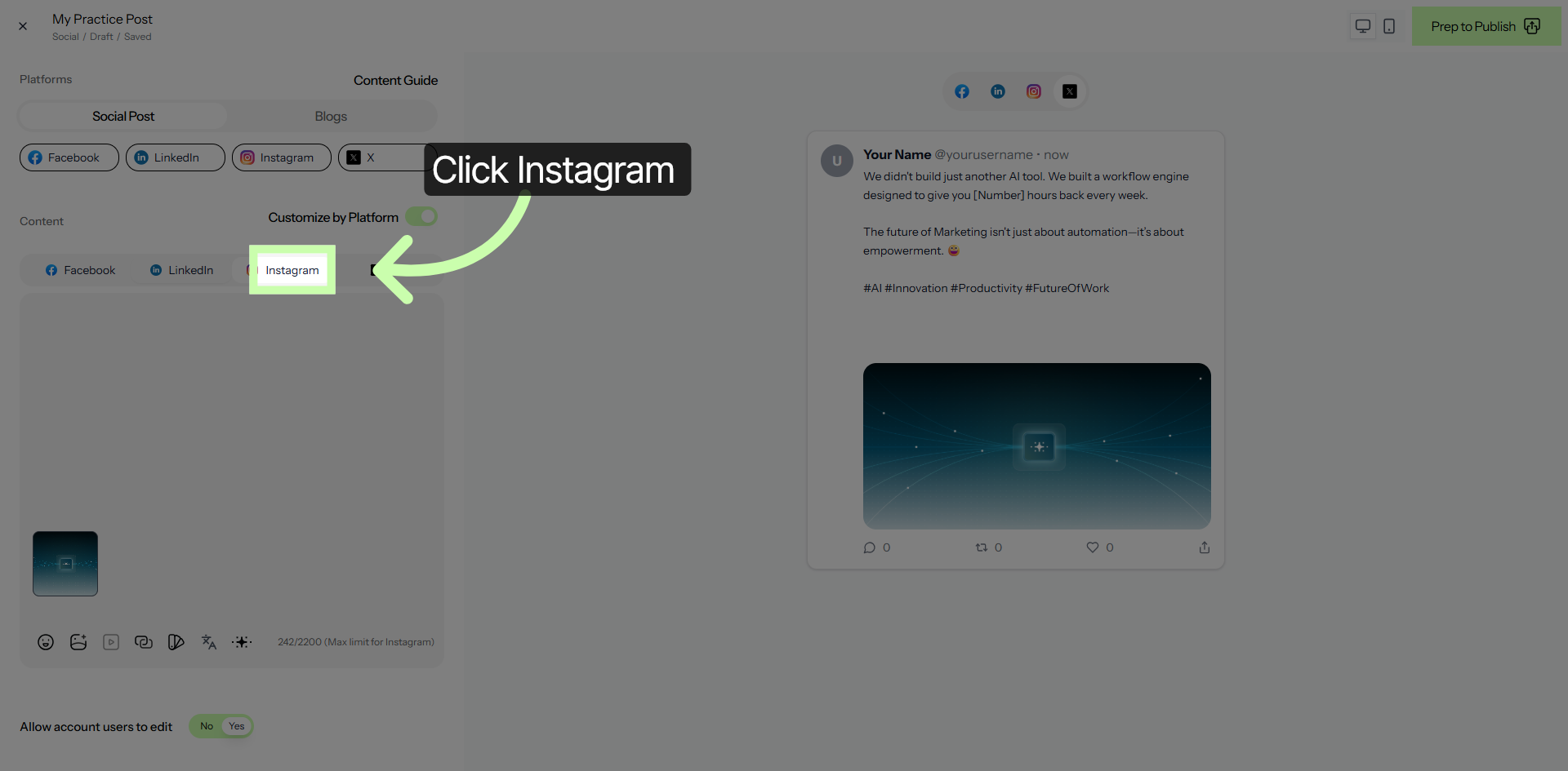 Select Instagram for Customization