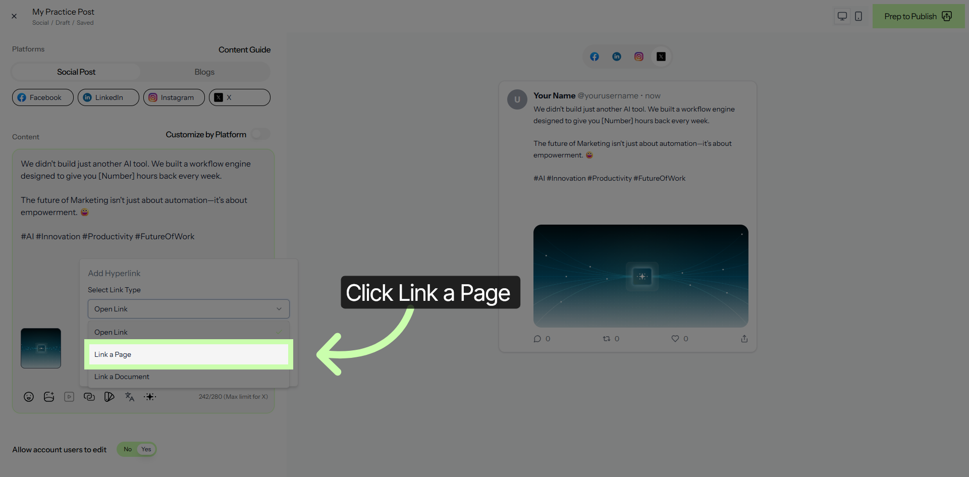 Choose Link a Page Option