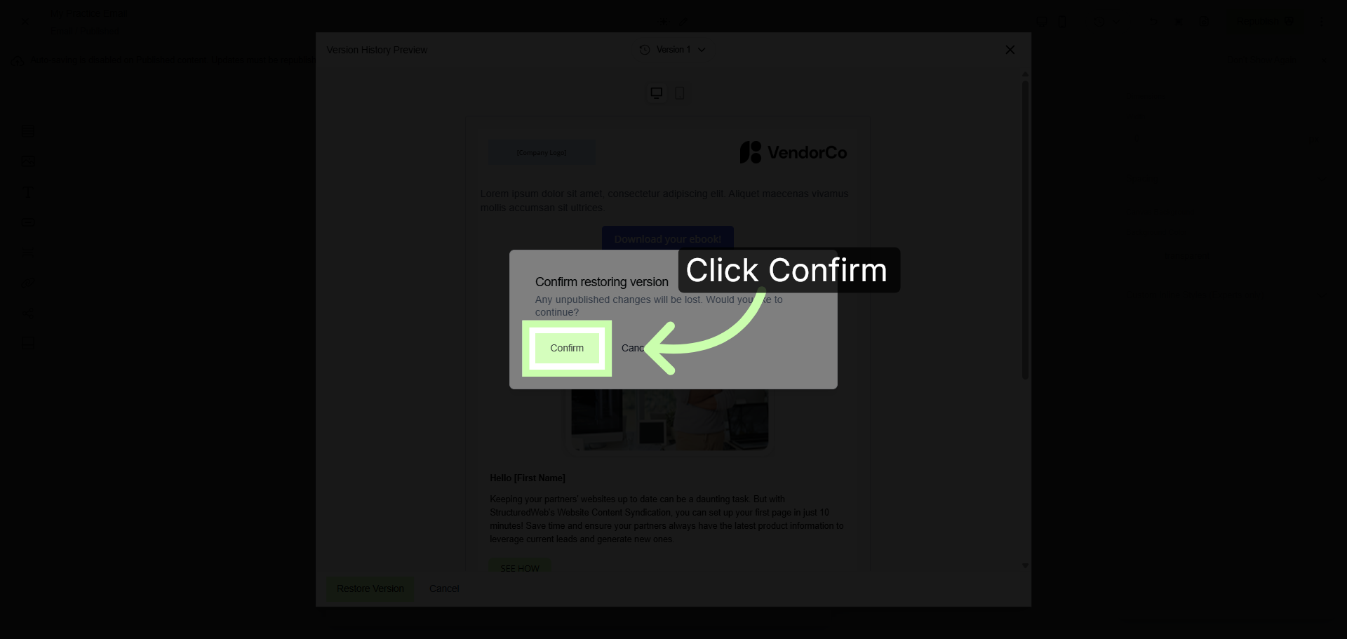 Confirm Restoration Action