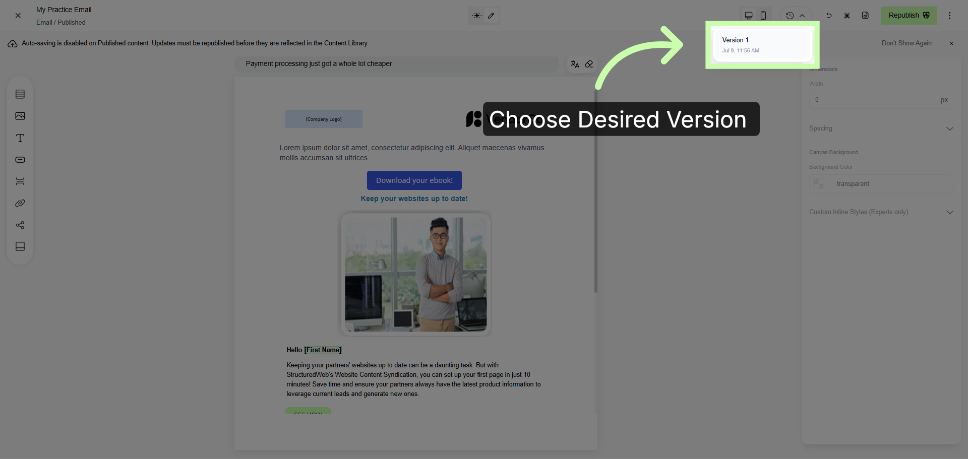 Select Desired Email Version