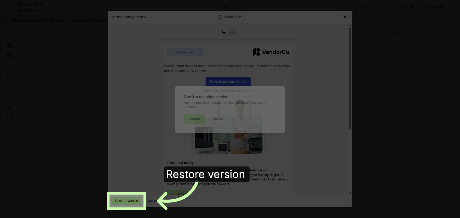 Initiate Version Restoration