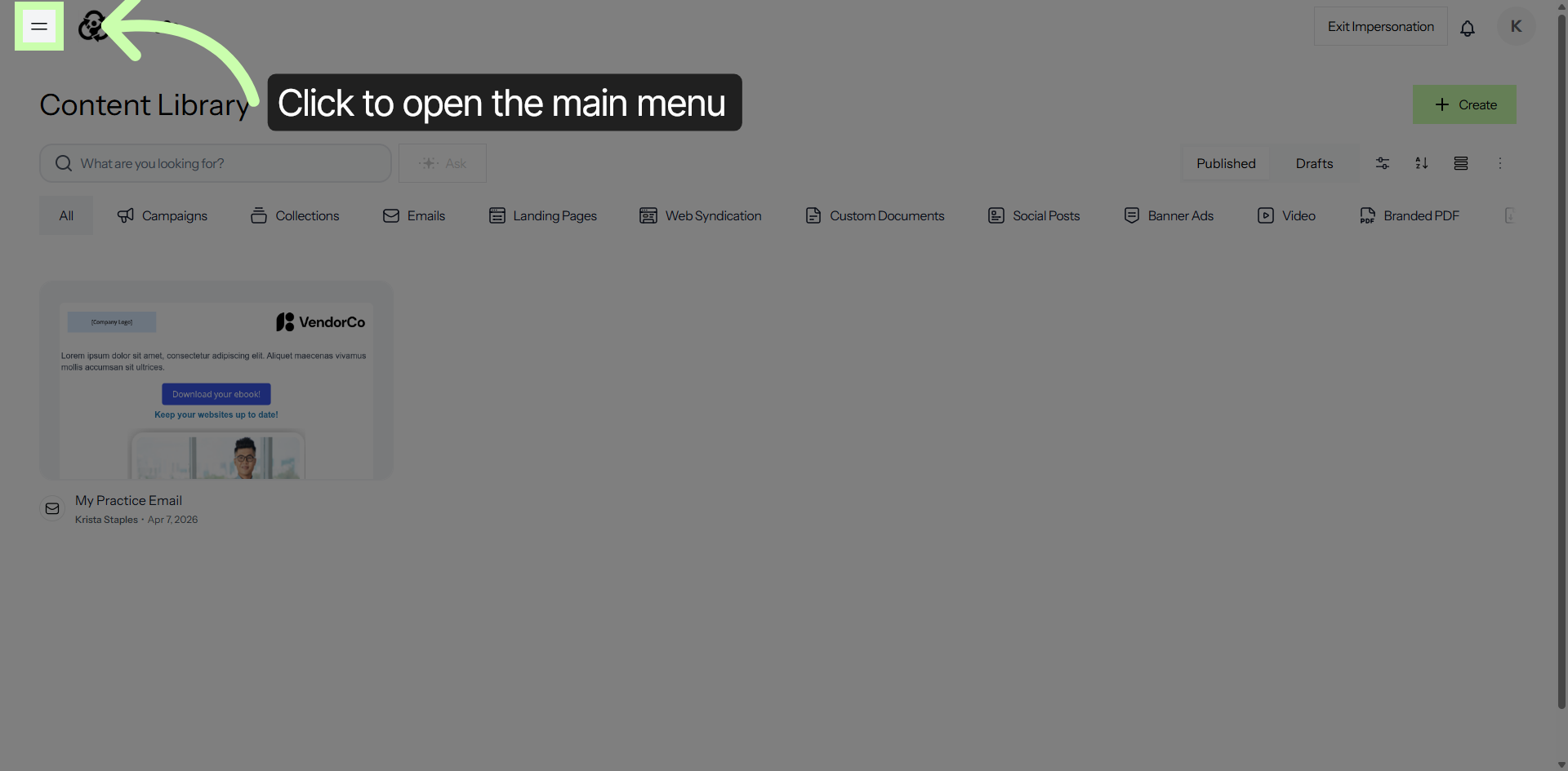 Access Content Library Menu
