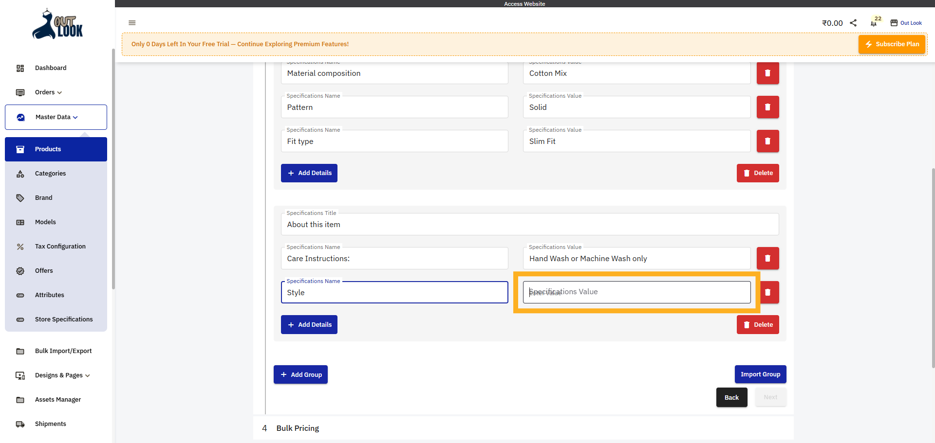 Enter Specifications Value 