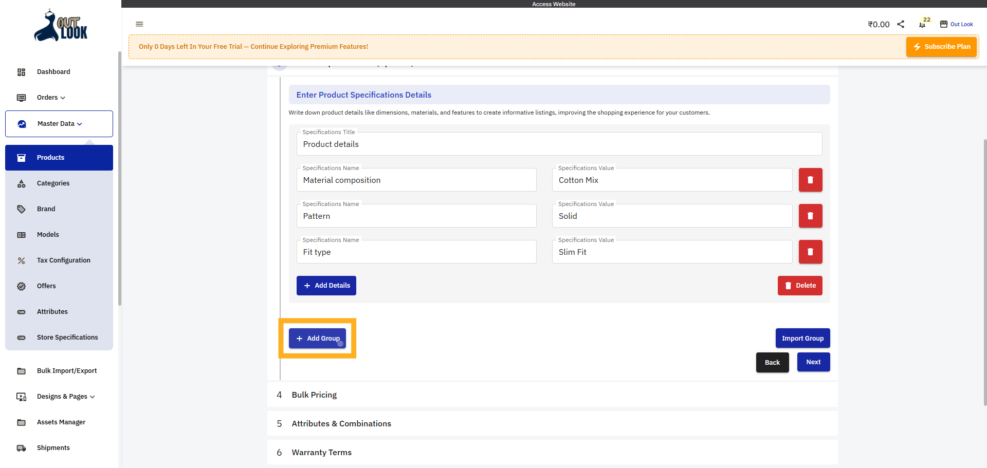 Manually Add Specifications