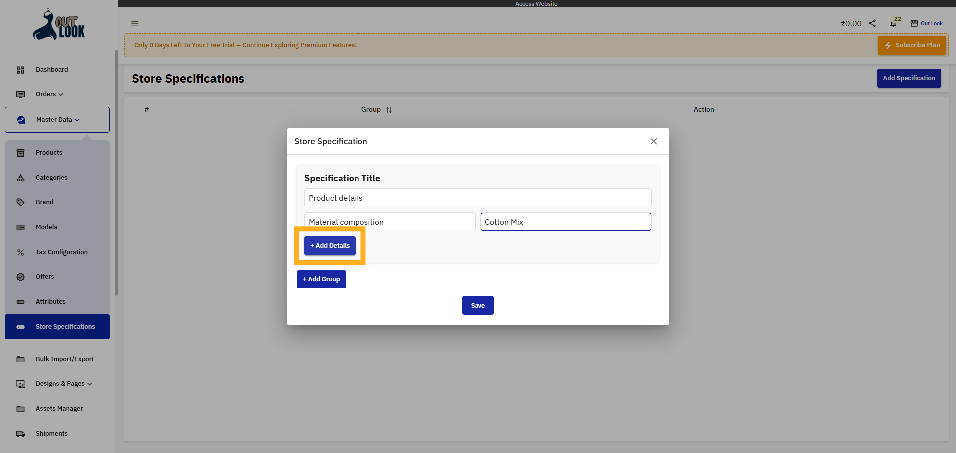 Add Additional Specification Details