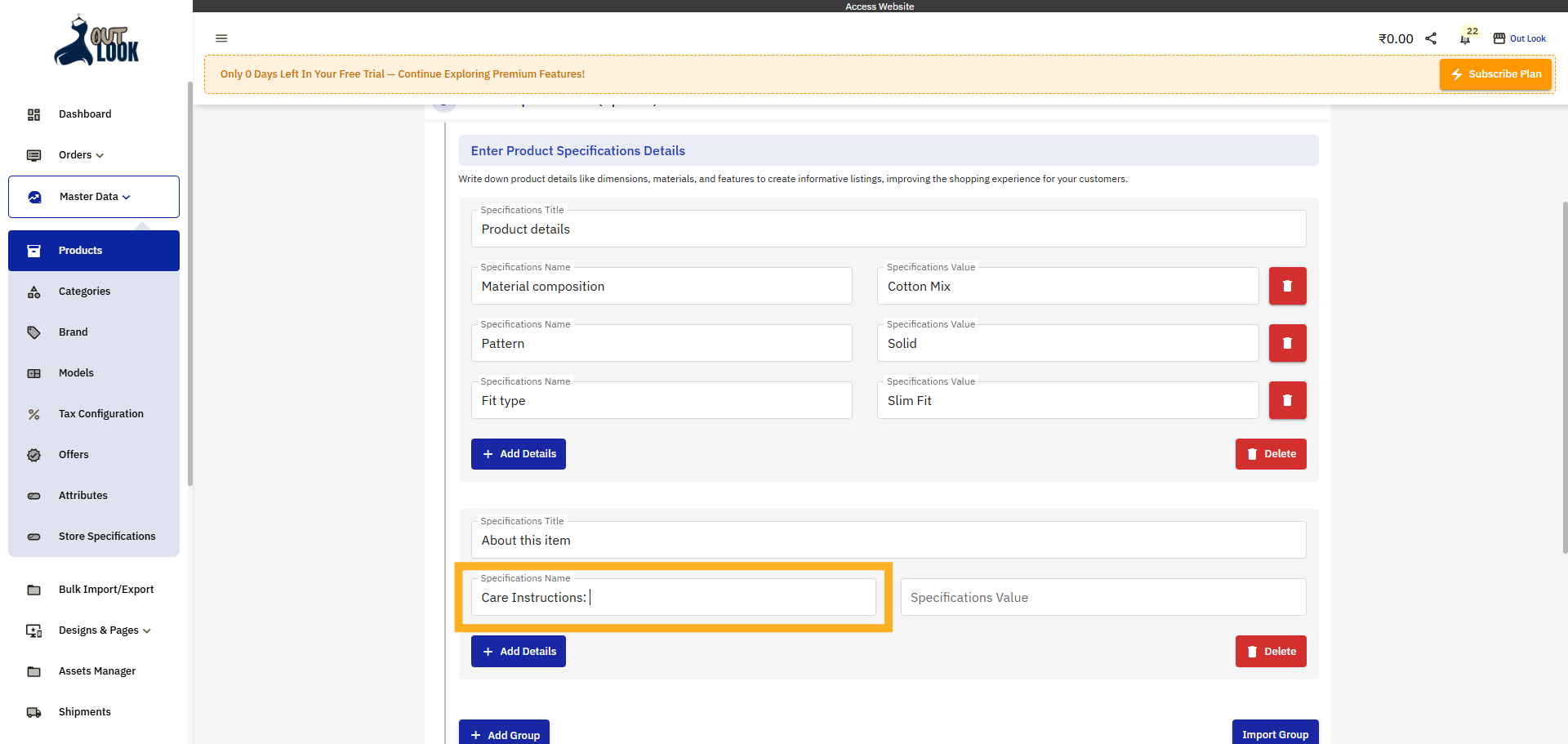 Enter Specifications Name