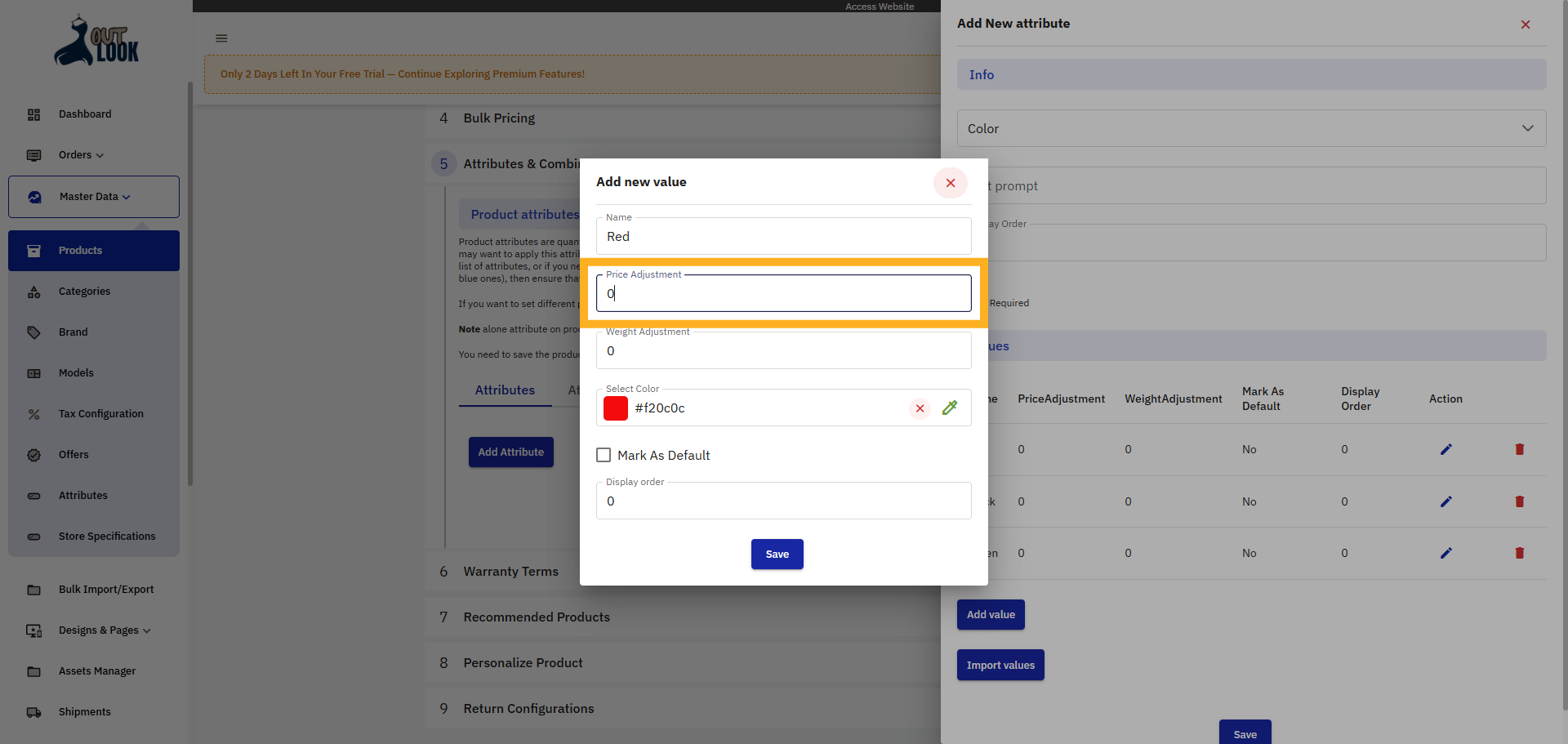 Enter Attribute Value Price