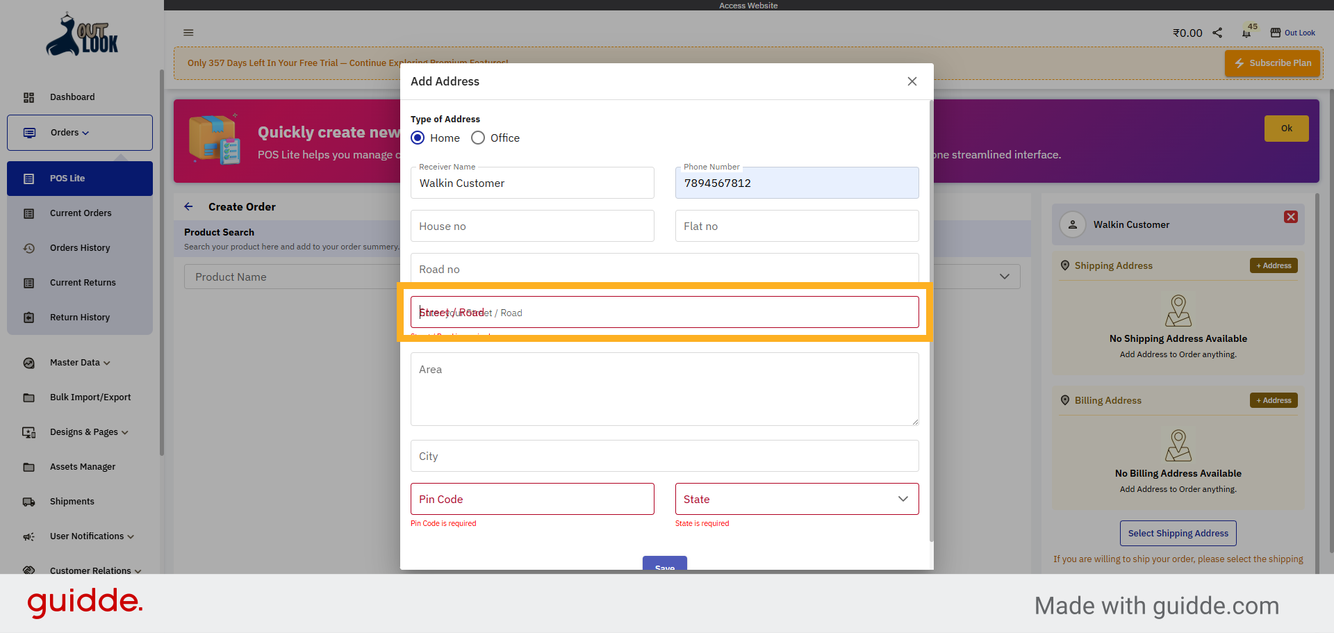 Enter Street or Road Field