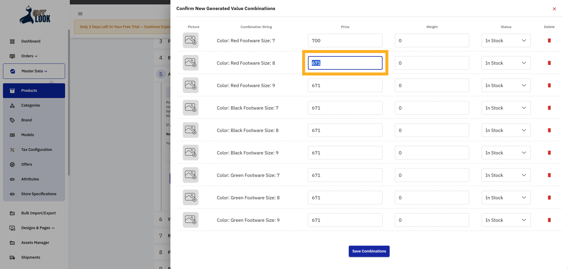 Fill Price According Combination