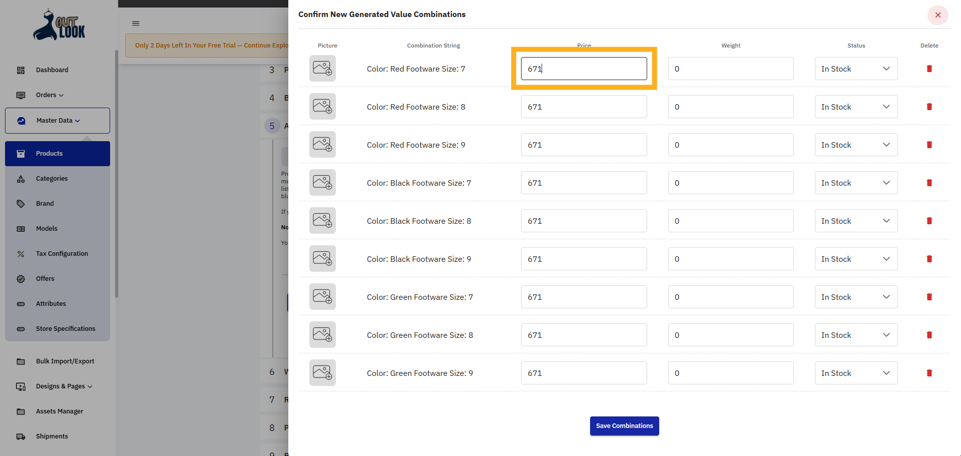 Assign Price According Combination