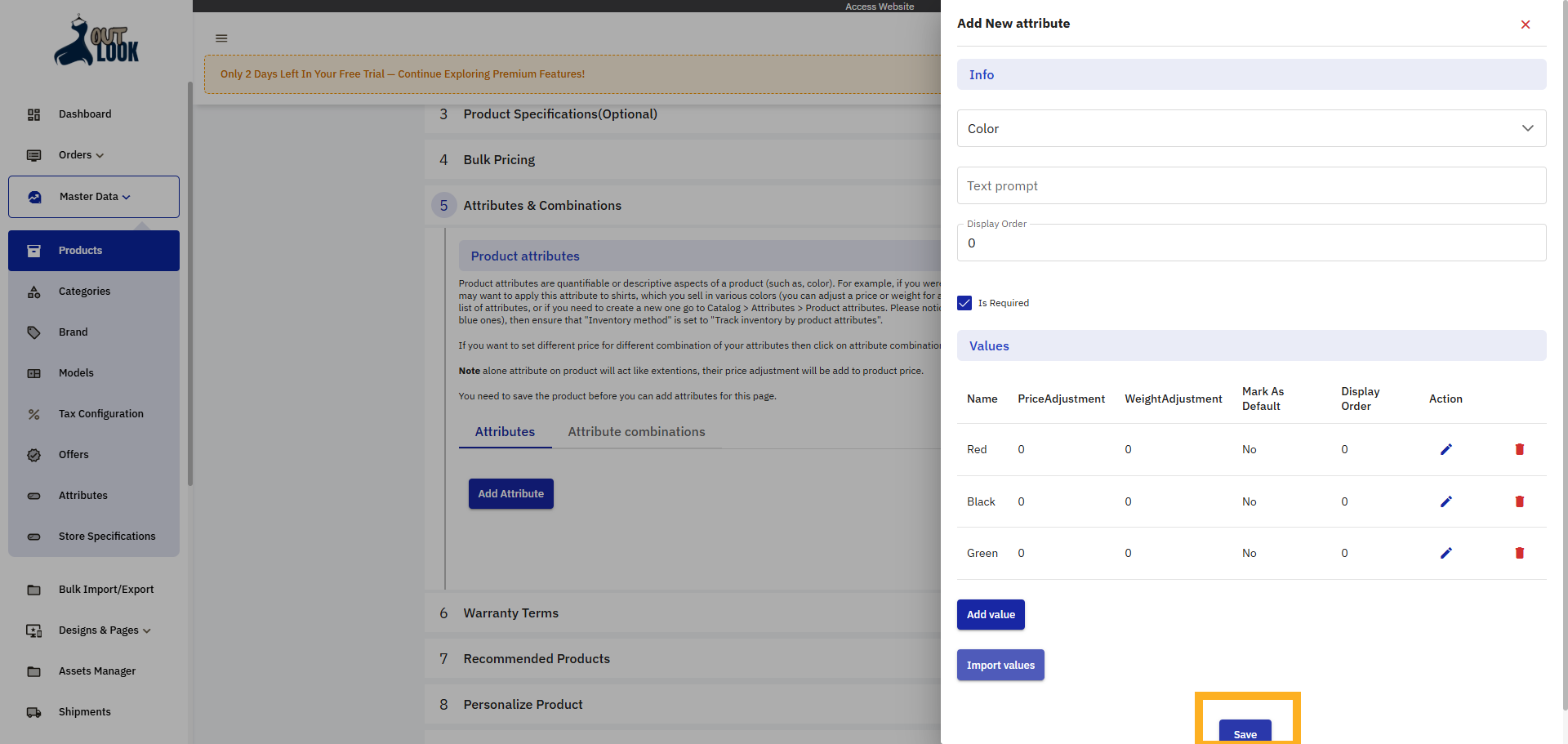 Save Attribute Settings