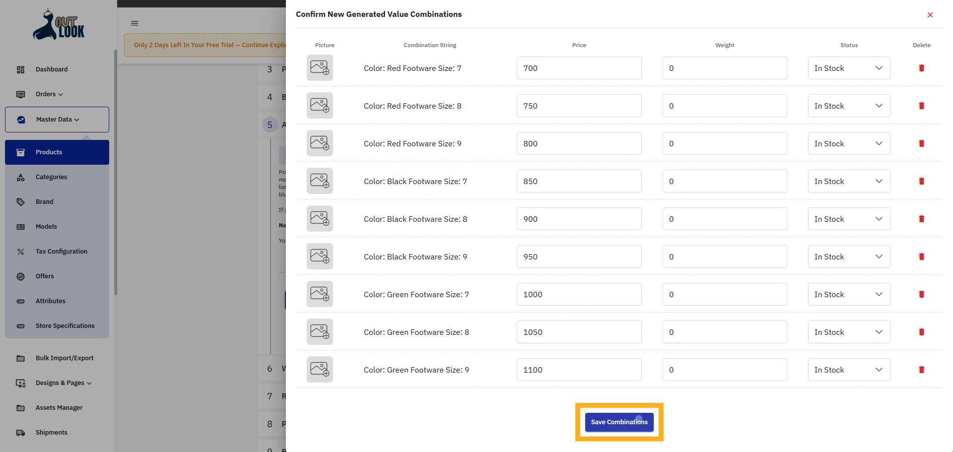 Save Variant Combinations