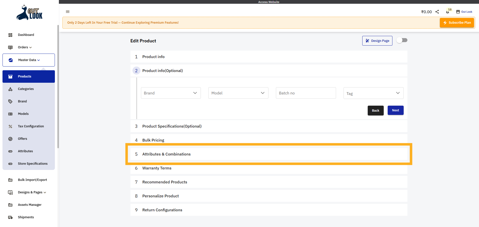 Open Attributes & Combinations
