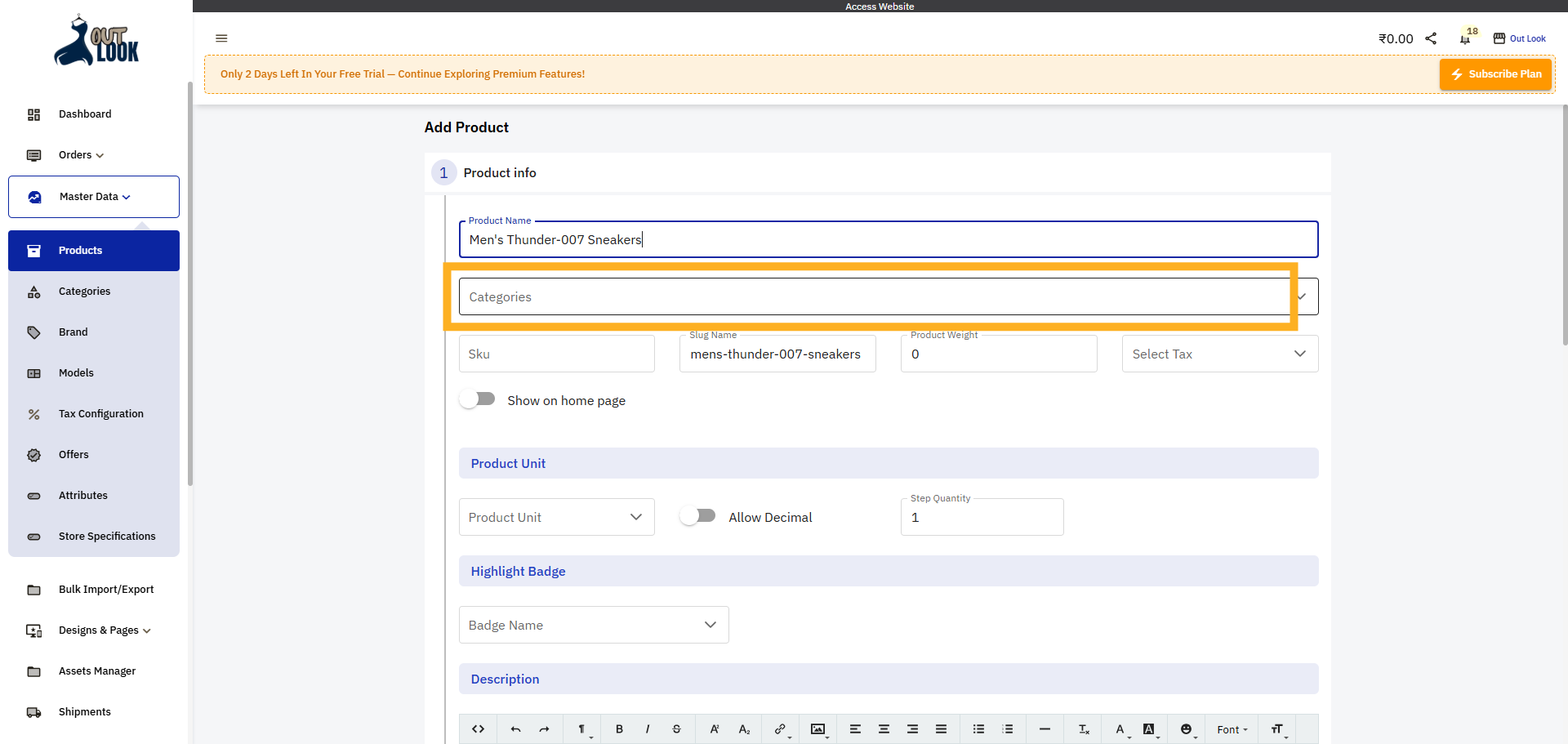 Open Categories Dropdown