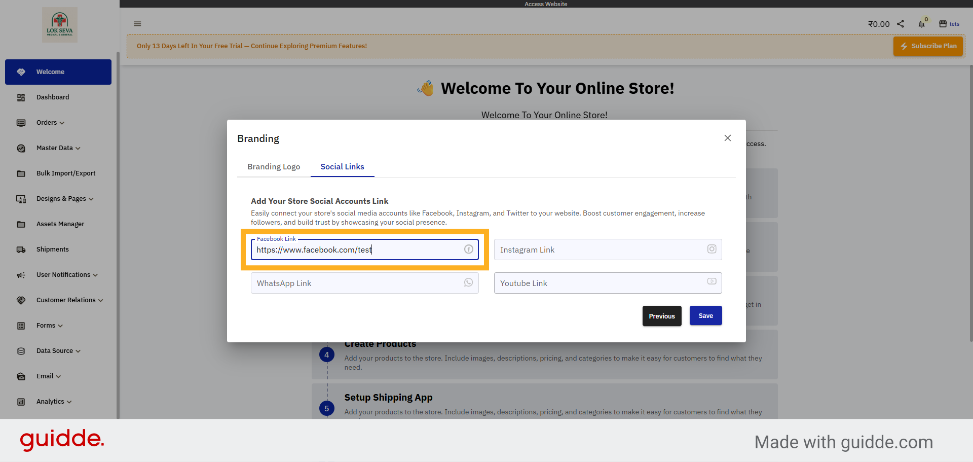 Enter Facebook Link Field