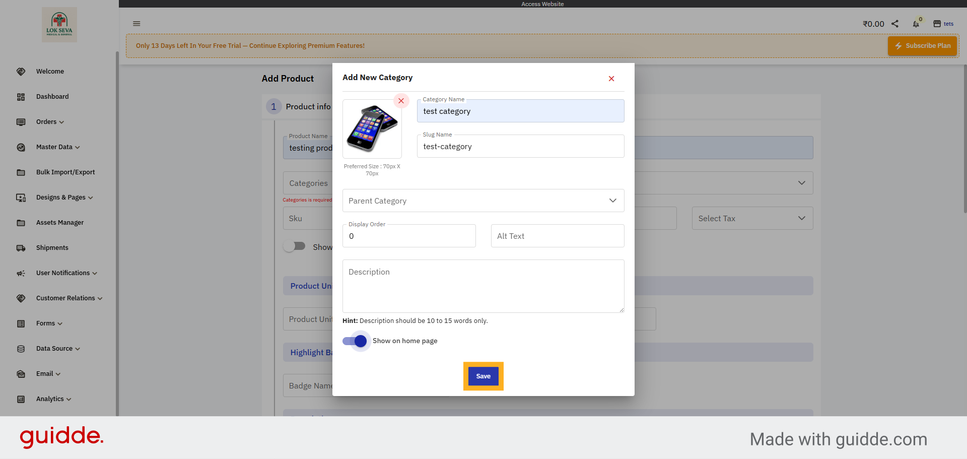 Save Category Details