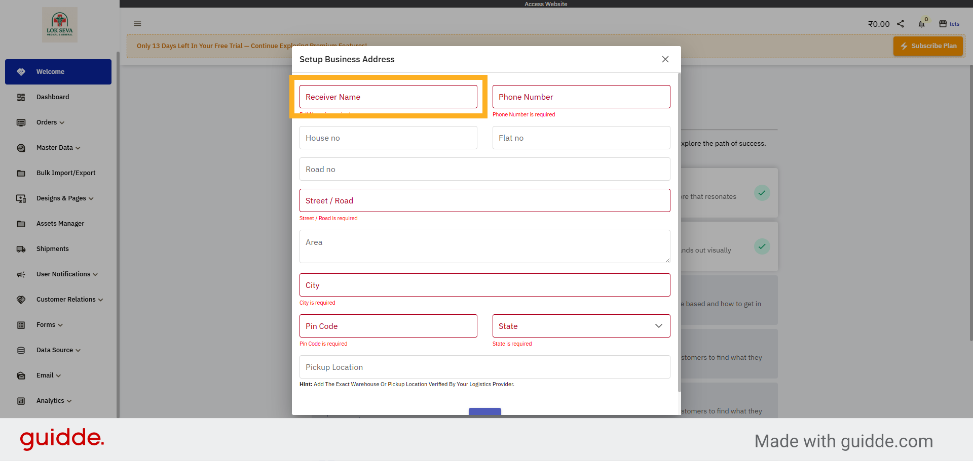 Enter Receiver Name Field