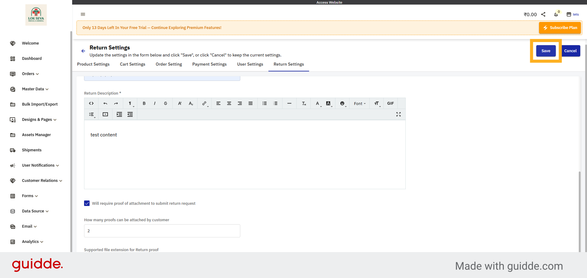 Save Return Configuration