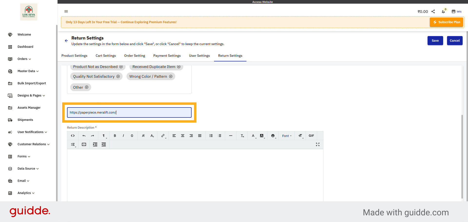 Enter Return Terms & Condition URL