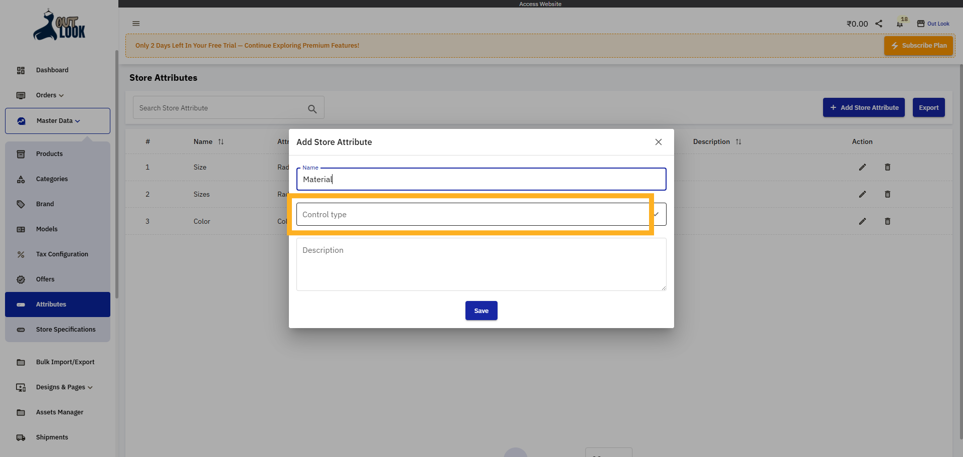 Open Control Type Menu