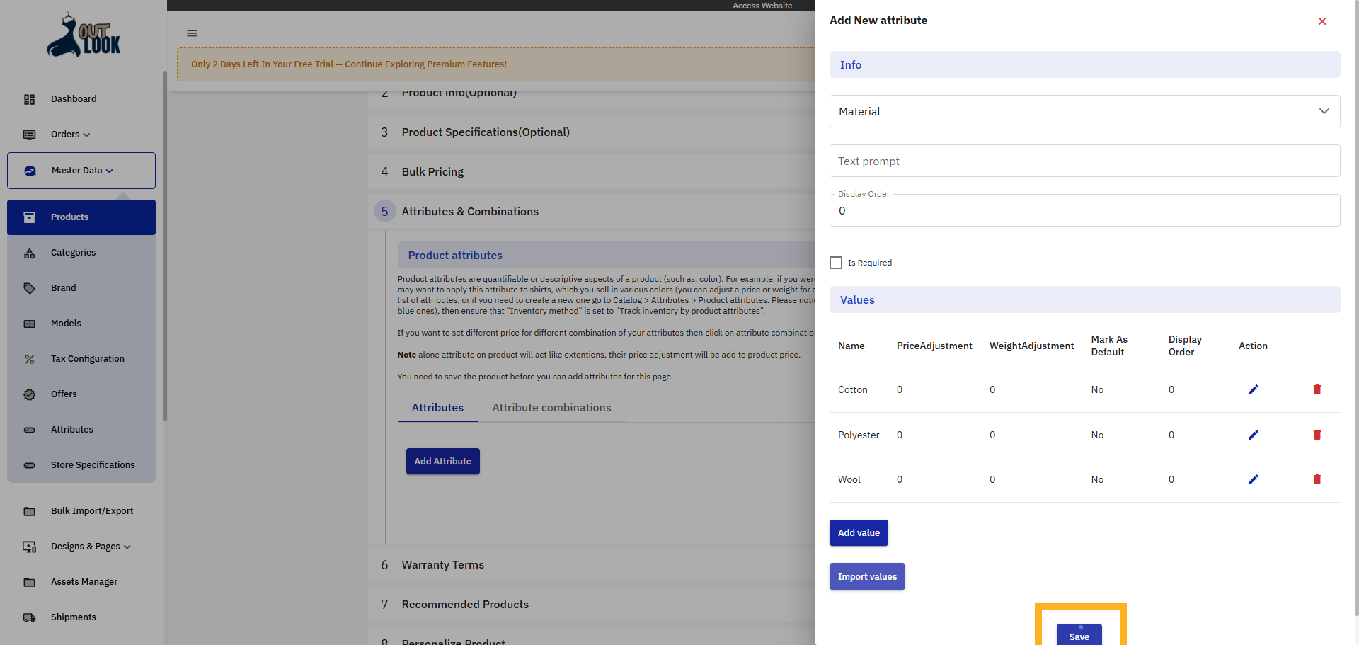 Save Product Attribute