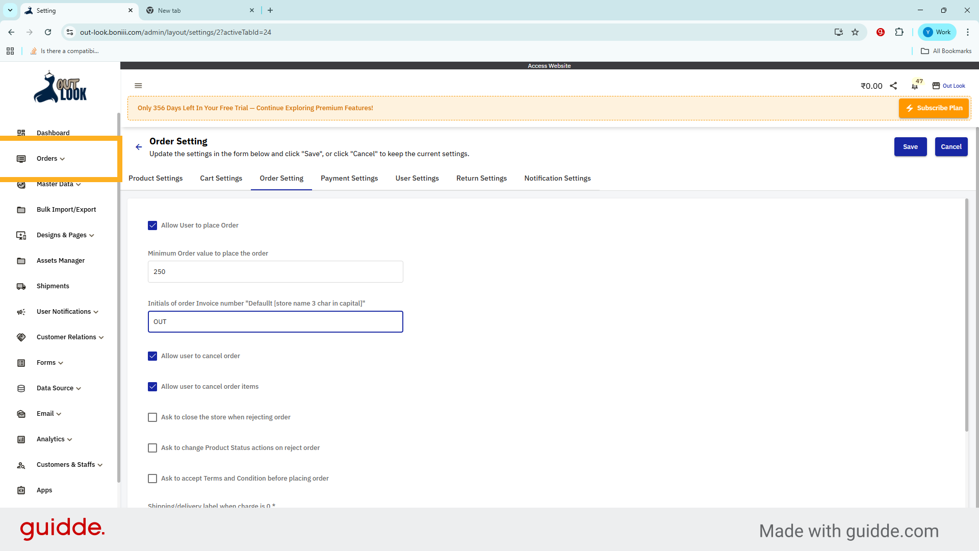 Open Orders Dropdown Menu