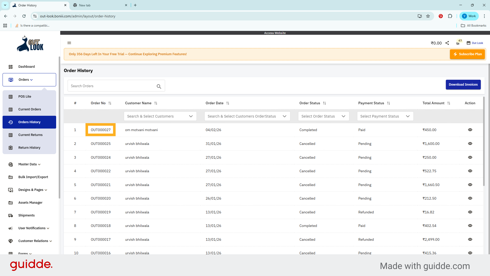 Review Initials of order Invoice number