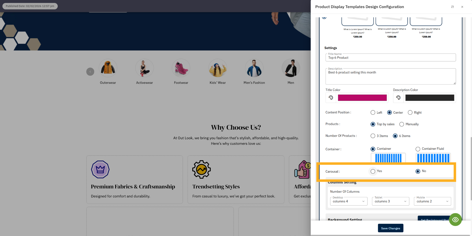 Access Extended Settings template Carousal view  