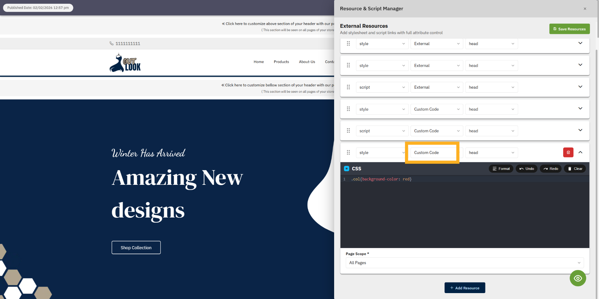 Open Custom Code Tab