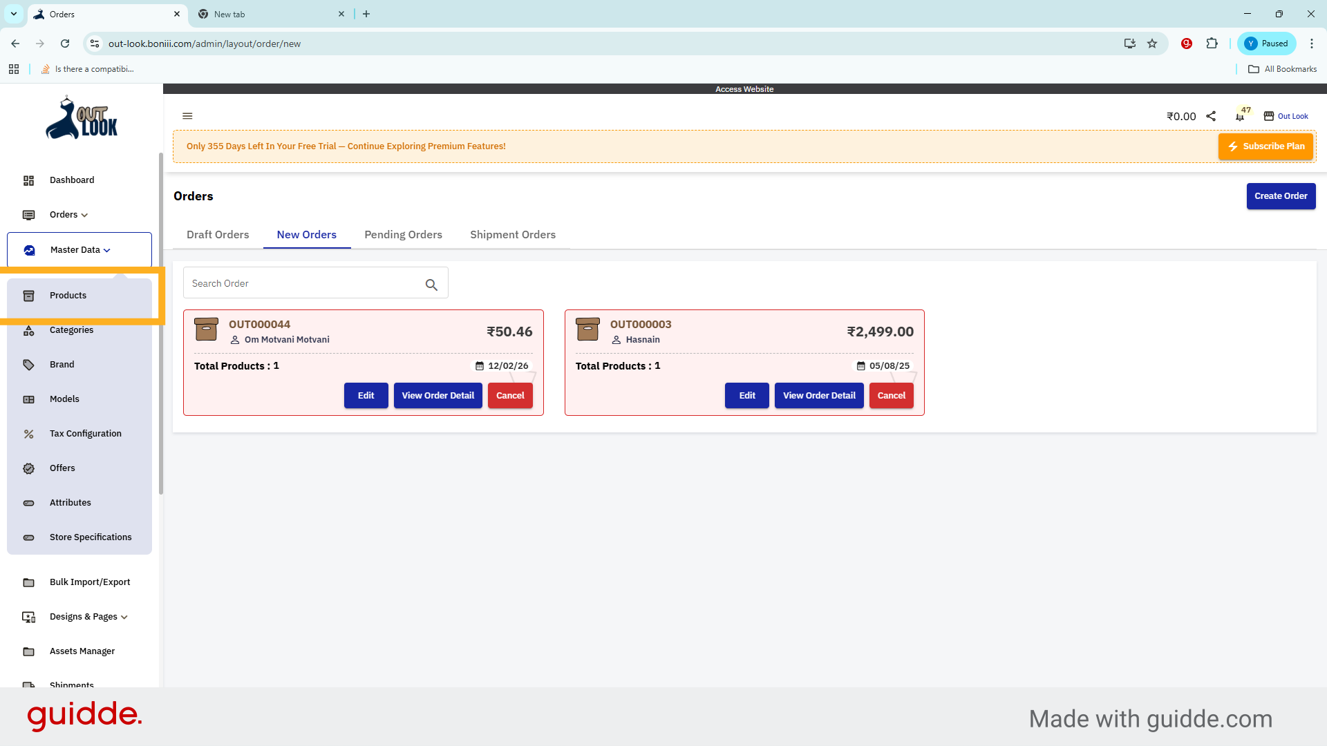 Access Products Menu