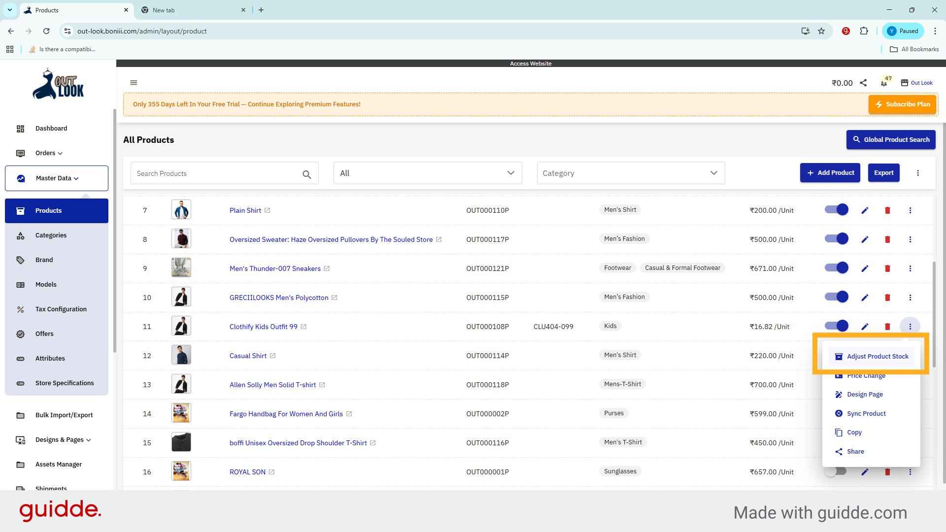 Choose Adjust Product Stock