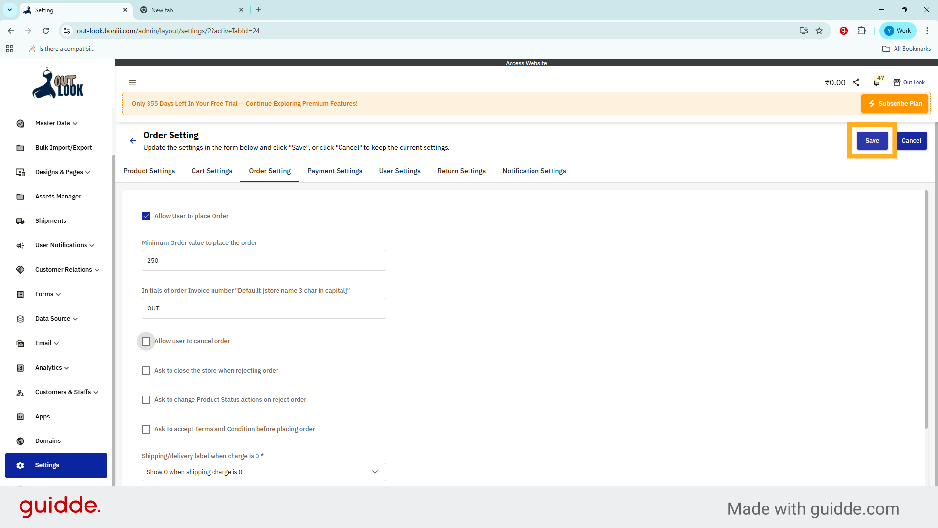 Save Order Settings Changes