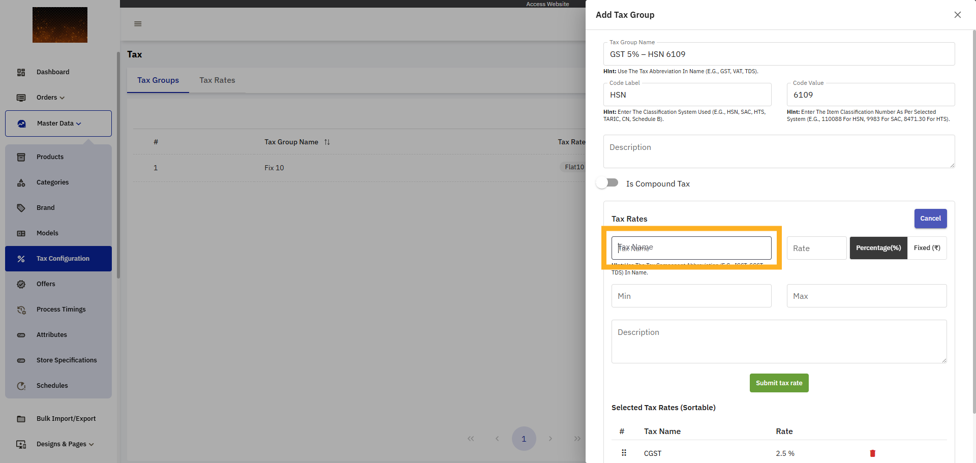 Enter Tax Name Field