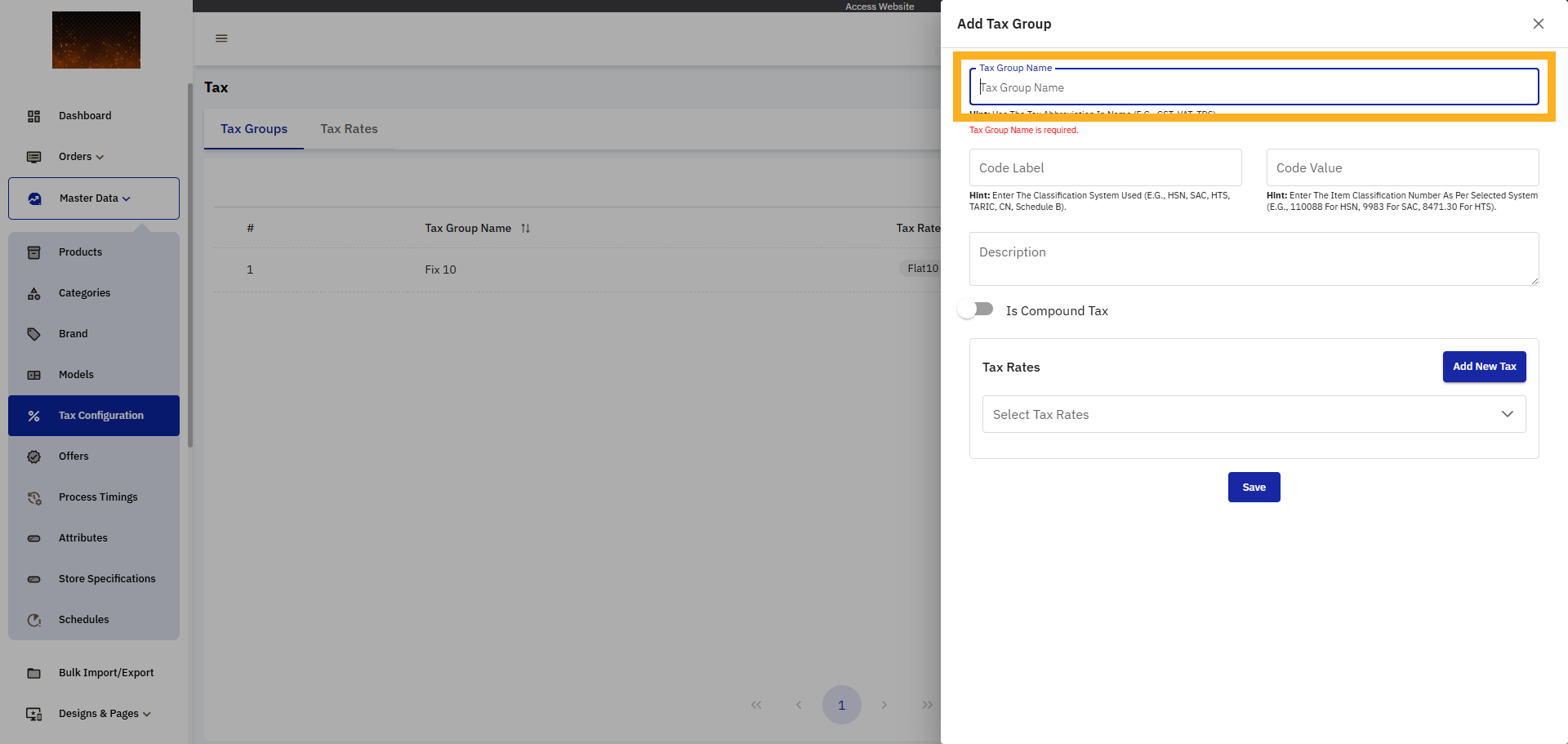 Enter Tax Group Name Field