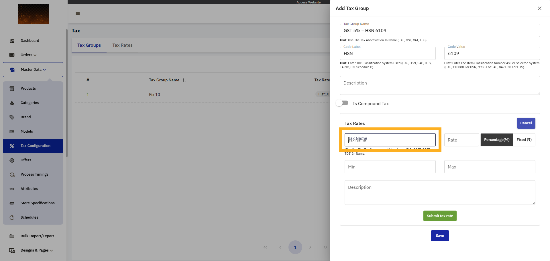 Enter Tax Name Field