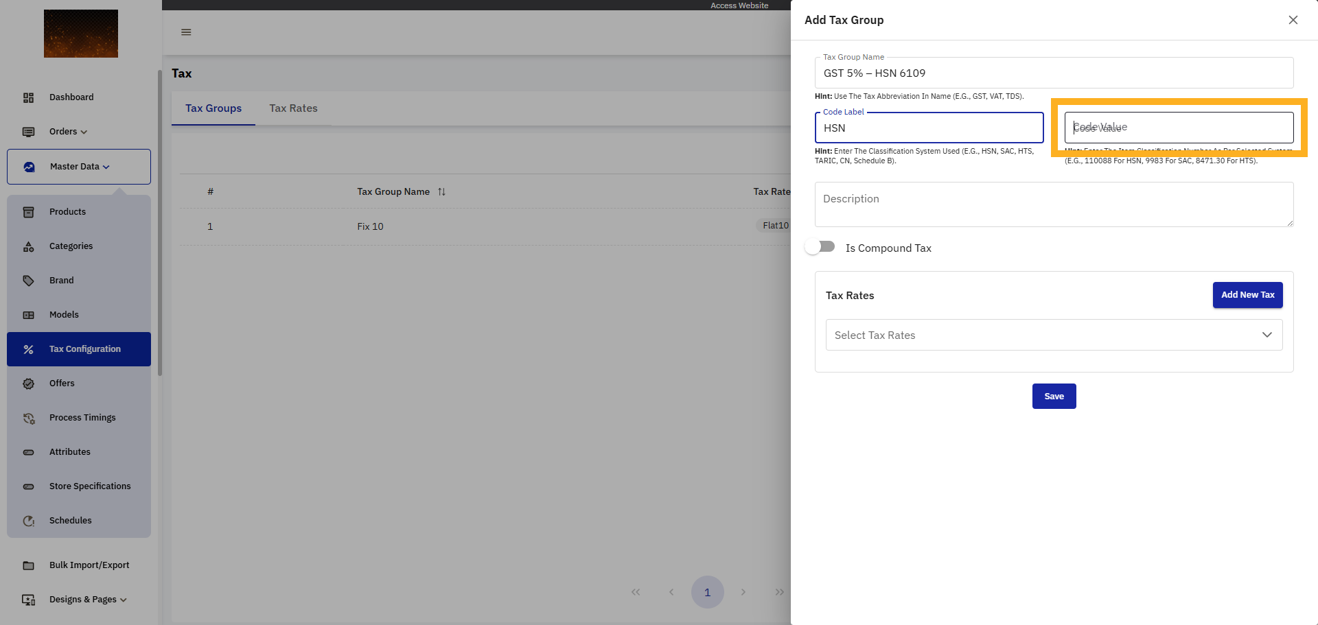 Enter Code Value Field