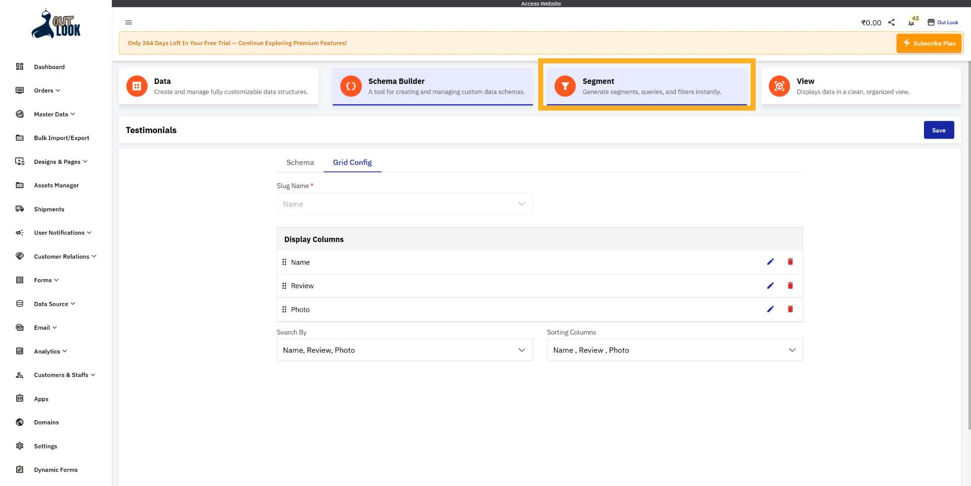 Open Segment Settings