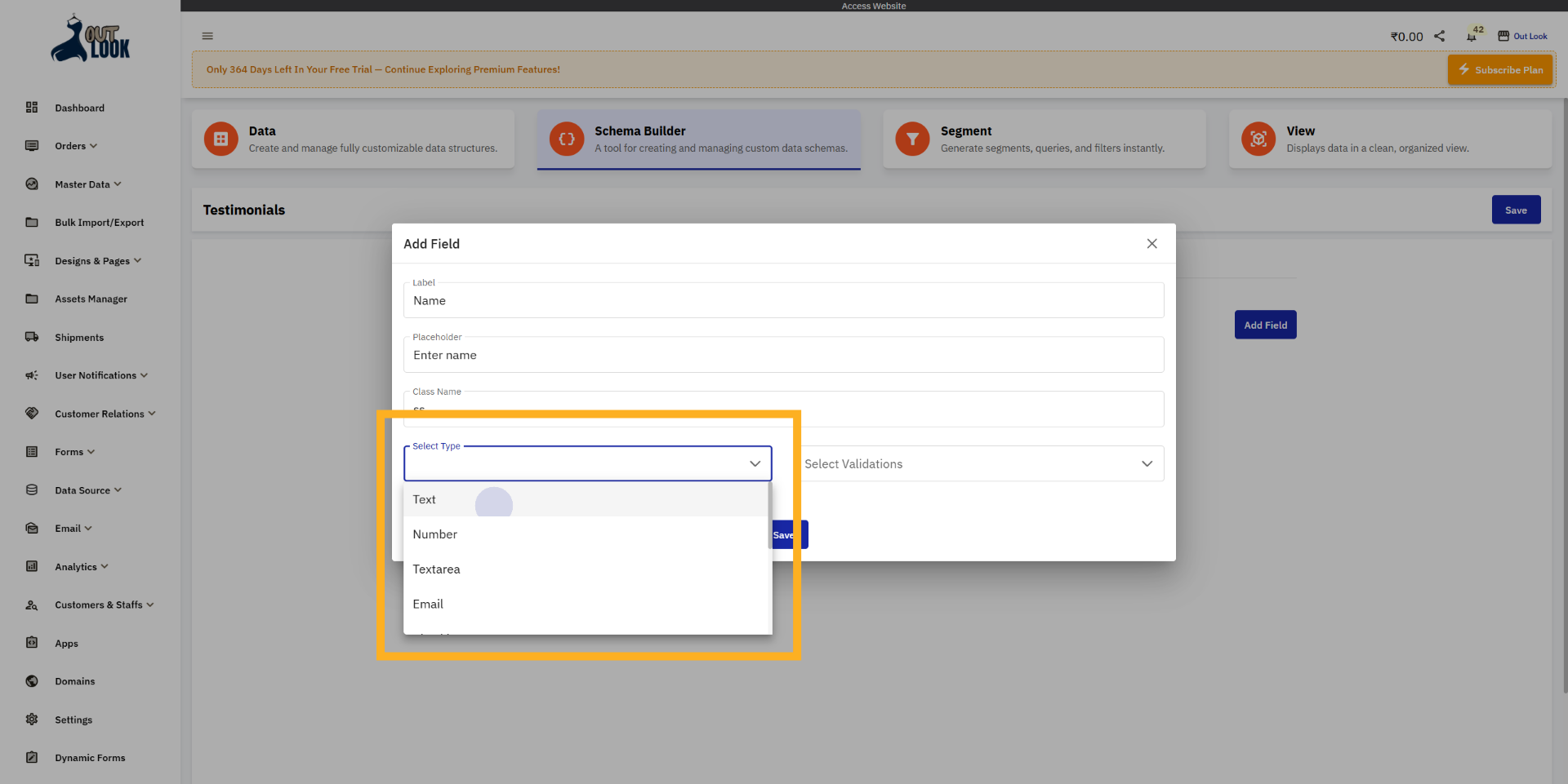 Select Type for the Field