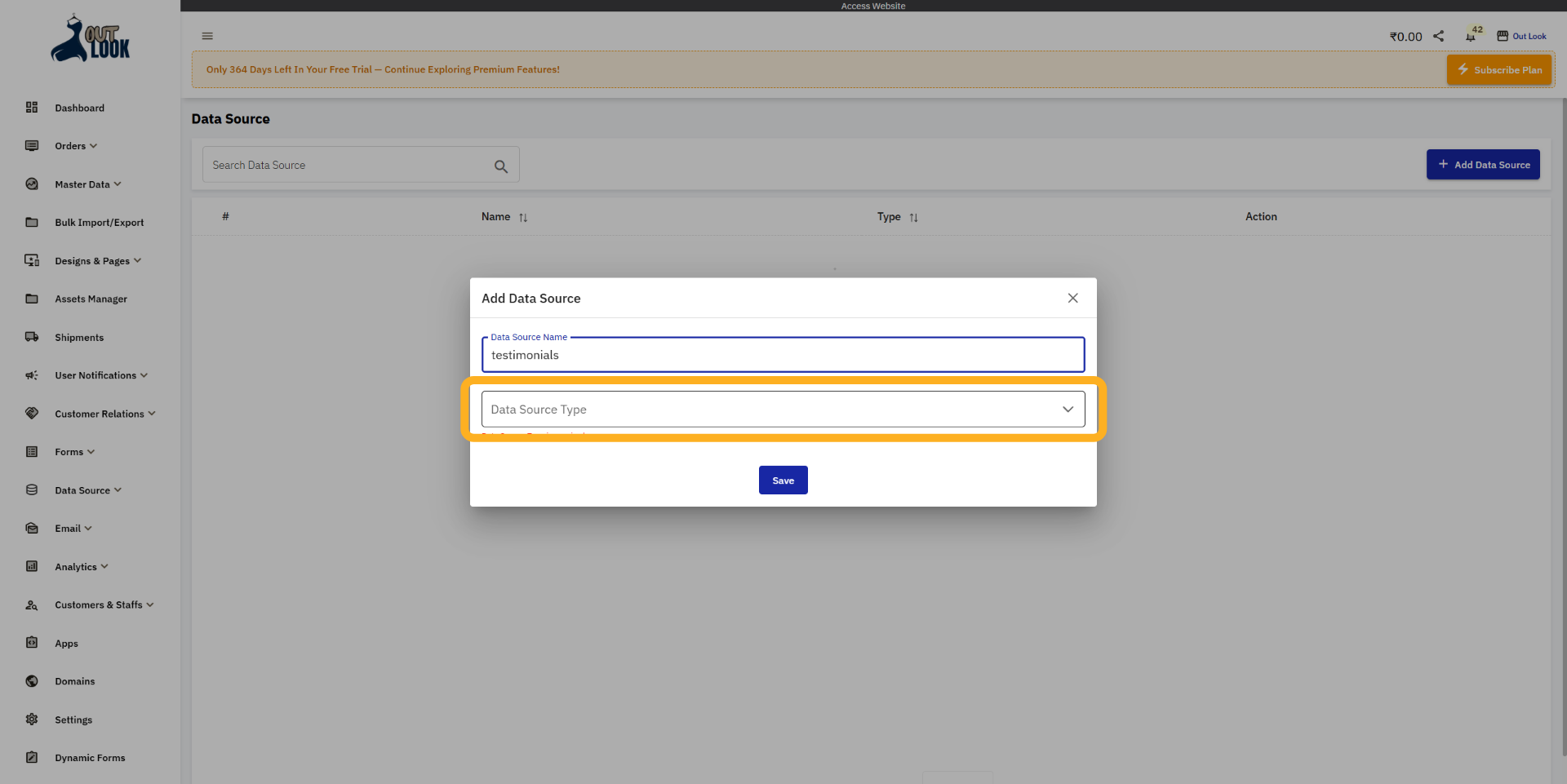 Open Data Source Type Menu