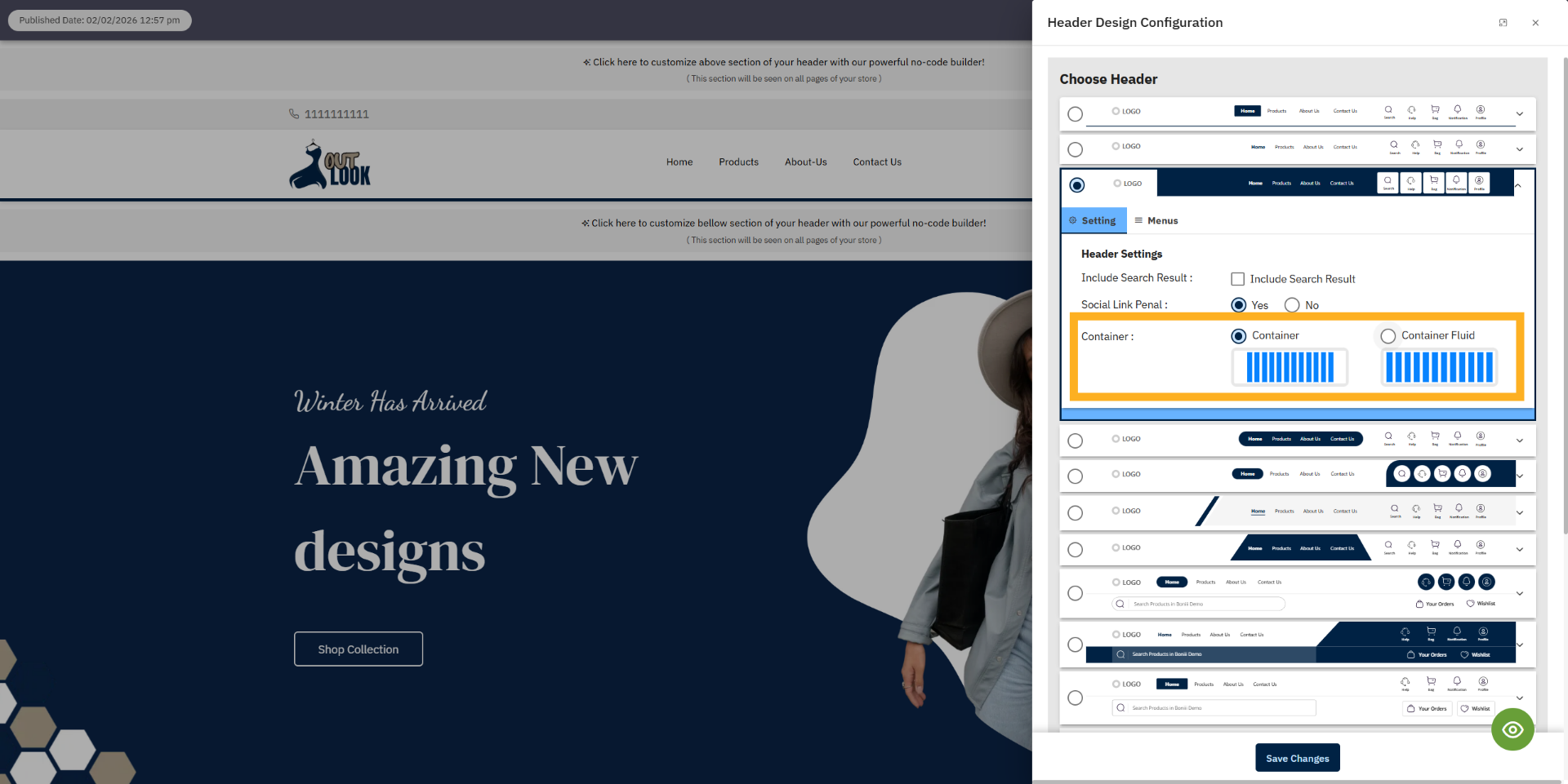 Select header container size
