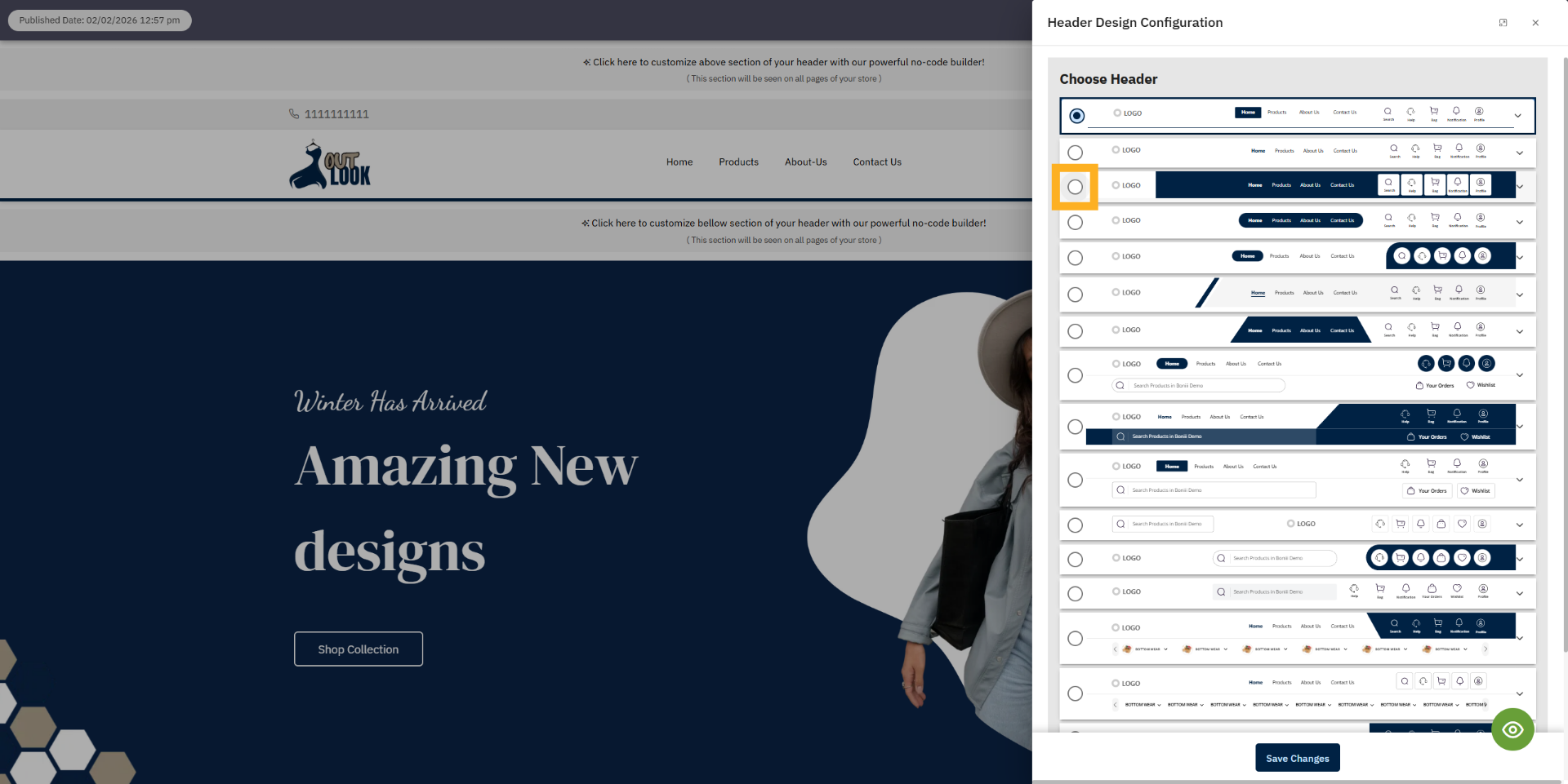 Select Header design  Options