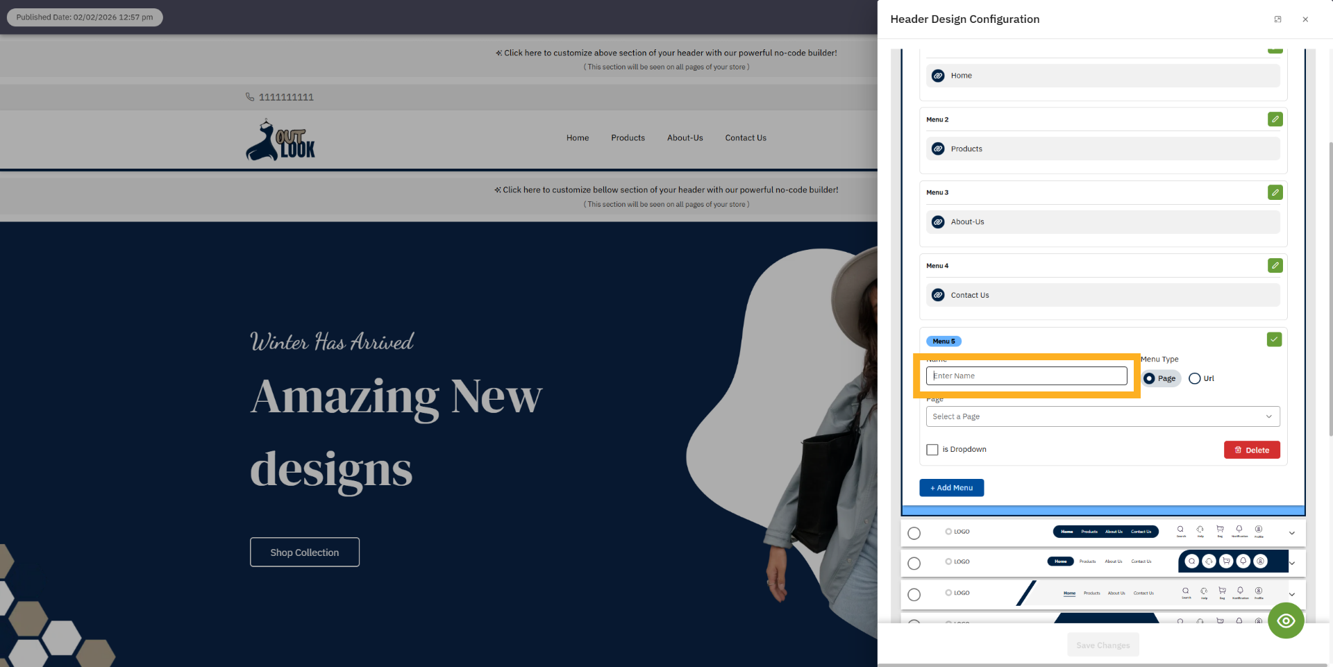 Enter Menu Name Field