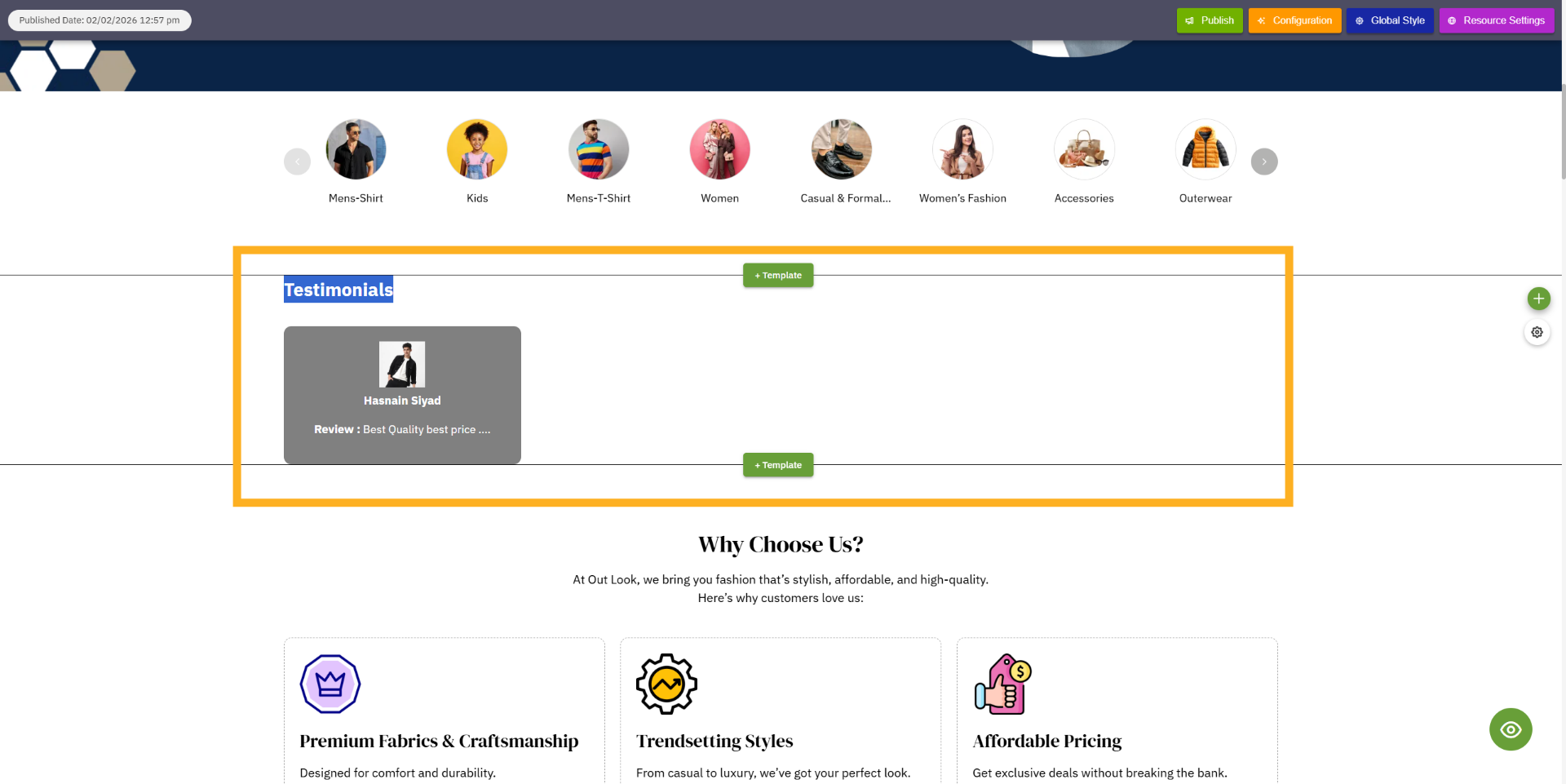 template used on the page.