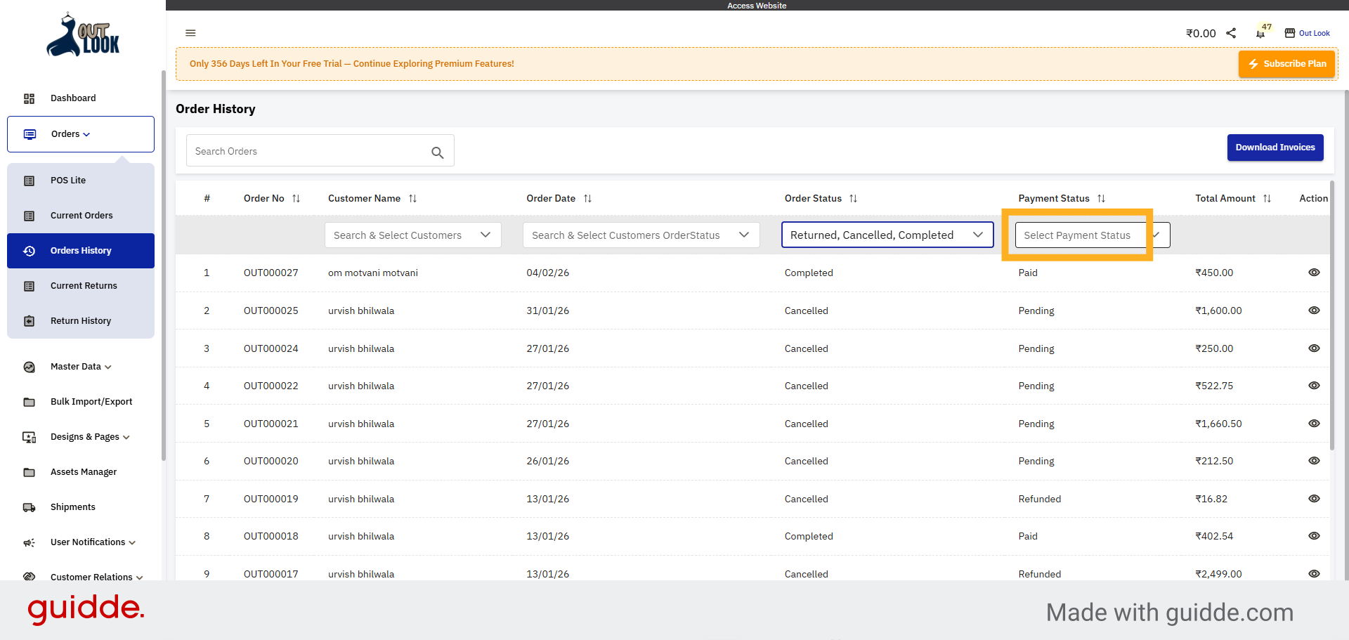 Open Payment Status Filter
