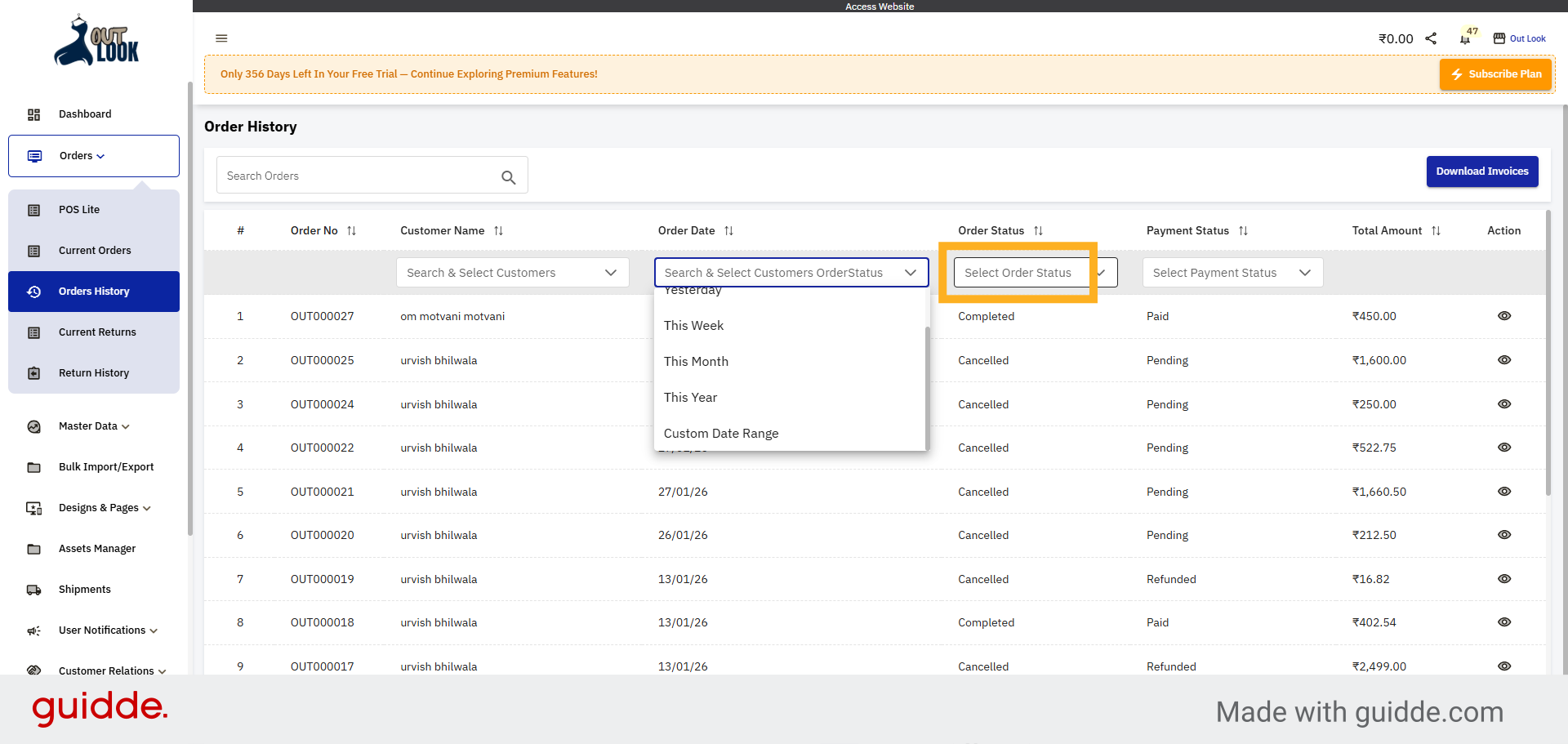 Open Order Status Dropdown